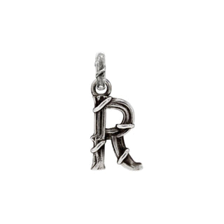Karen Karch textured silver charm in the shape of the letter 'R' with a vine-detail and rectangular bail on white background.