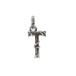 Karen Karch textured silver charm in the shape of the letter 'T' with a vine-detail and rectangular bail on white background.