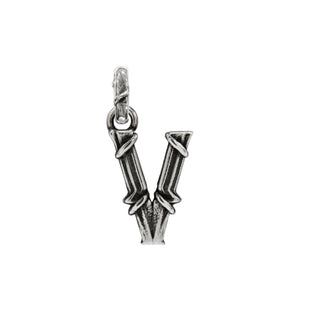 Karen Karch textured silver charm in the shape of the letter 'V' with a vine-detail and rectangular bail on white background.
