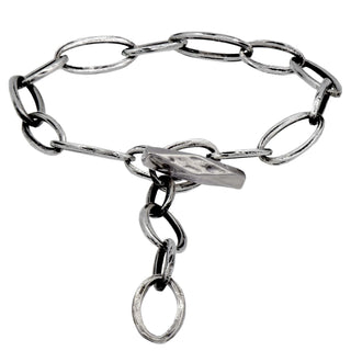 Karen Karch Silver Weathered Outshine Toggle Oval Link adjustable length bracelet on white