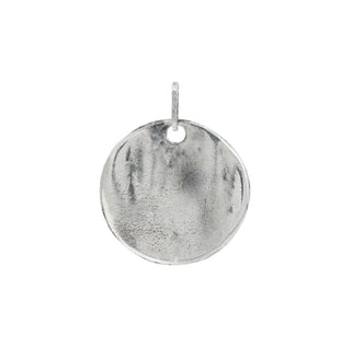 Karen Karch Silver Round Weathered "Legend" Tag on white background.