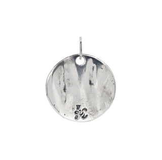 Karen Karch Silver Round Weathered "Legend" Tag with K-rose logo engraved at the center of the bottom on white background.