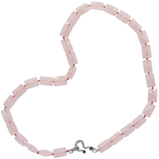 Karen Karch by Deme Wolfe Rose Quartz Faceted Rectangle Beaded Necklace with Silver Snake Clasp set with Black Spinel Close Up on a white background