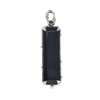 Back side of Karen Karch Silver Vine Entwined Elongated merald Cut Onyx Amulet on white background