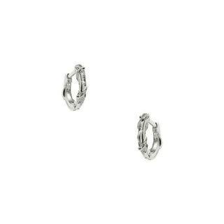 A pair of sterling silver sleeper hoop earrings with vine details, viewed from the front against a white background.