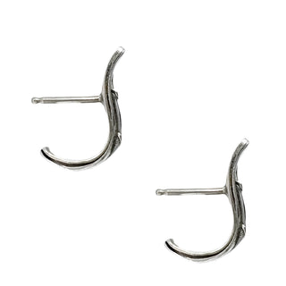 Karen Karch Pair of Sterling Silver Vine Tattoo Weathered curved Bar earrings, side on a white background