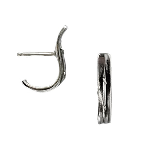 Karen Karch Pair of Sterling Silver Vine Tattoo Weathered curved Bar earrings, front and side on a white background