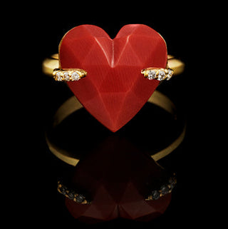 Karen Karch Faceted Red Coral Heart held by diamond-studded claws  on 18ky Band