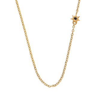 Karen Karch Yellow Gold Chain Necklace with Rose Gold Star With Black Diamond Center on White Background, close up