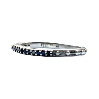 Karen Karch Silver Jaipur Evermore Half Eternity band Alternating Blue Sapphire and Black Diamond, side view, on white background. 