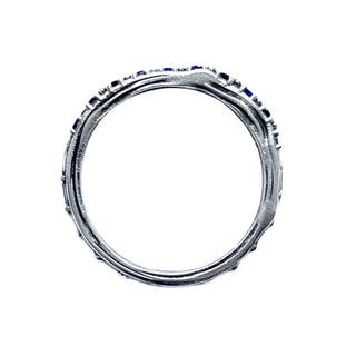 Karen Karch Silver Jaipur Evermore Half Eternity band Alternating Blue Sapphire and Black Diamond, top view, on a white background.
