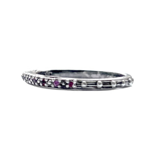 Karen Karch Jaipur Evermore Silver studded half eternity band with alternating rubies and pink sapphires, side view, on white background.