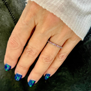 Karen Karch Jaipur Evermore Silver studded half eternity band with alternating rubies and pink sapphires on  hand. 