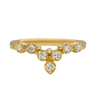 A Karen Karch Turned Out Grace Tiara Ring in 18k yellow gold featuring claw-set brilliant-cut diamonds on white background.