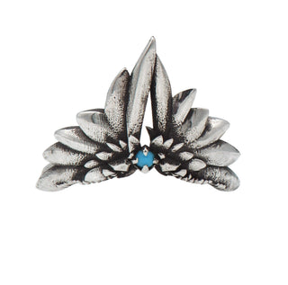 Karen Karch by Deme Wolfe sterling silver ring featuring a tiara-like design with two wings and a central turquoise stone.