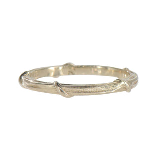Karen Karch 18k white gold weathered texture Vine band on white background.