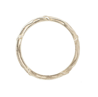 Karen Karch 18k white gold weathered texture Vine band, top view, on white background.