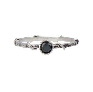 Karen Karch Silver Vine Stacker with a bezel-set brilliant cut black diamond on a white background.