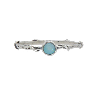 Karen Karch Silver Vine Stacker Ring with a 3.5 mm opal on a white background. 