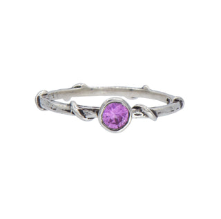 Karen Karch Silver Vine Stacker with a bezel-set pink sapphire on a white background.