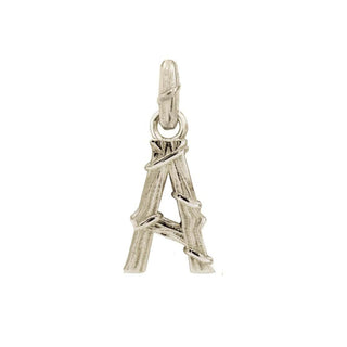 Karen Karch textured white gold charm in the shape of the letter 'A' with a vine-detail and rectangular bail on white background.