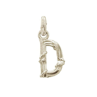 Karen Karch textured white gold charm in the shape of the letter 'D' with a vine-detail and rectangular bail on white background.