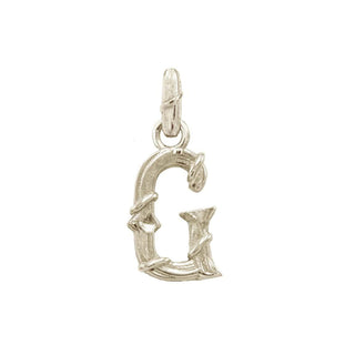Karen Karch textured white gold charm in the shape of the letter 'G' with a vine-detail and rectangular bail on white background.