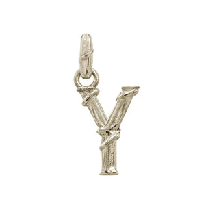 Karen Karch textured white gold charm in the shape of the letter 'Y' with a vine-detail and rectangular bail on white background.