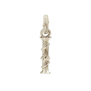 Karen Karch textured white gold charm in the shape of the letter 'I' with a vine-detail and rectangular bail on white background.