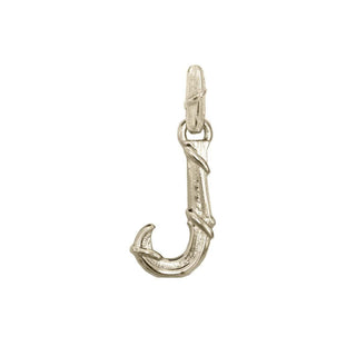 Karen Karch textured white gold charm in the shape of the letter 'J' with a vine-detail and rectangular bail on white background.