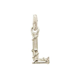 Karen Karch textured white gold charm in the shape of the letter 'L' with a vine-detail and rectangular bail on white background.