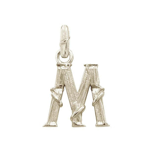 Karen Karch textured white gold charm in the shape of the letter 'M' with a vine-detail and rectangular bail on white background.
