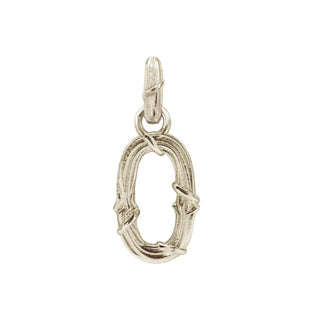Karen Karch textured white gold charm in the shape of the letter 'O' with a vine-detail and rectangular bail on white background.