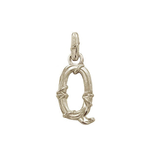 Karen Karch textured white gold charm in the shape of the letter 'Q' with a vine-detail and rectangular bail on white background.