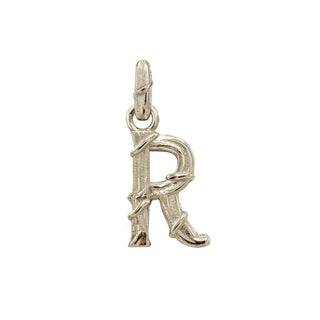 Karen Karch textured white gold charm in the shape of the letter 'R' with a vine-detail and rectangular bail on white background.