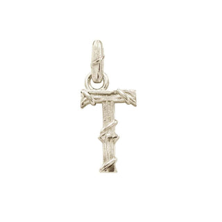 Karen Karch textured white gold charm in the shape of the letter 'T' with a vine-detail and rectangular bail on white background.