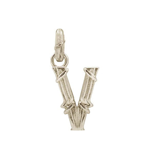 Karen Karch textured white gold charm in the shape of the letter 'V' with a vine-detail and rectangular bail on white background.