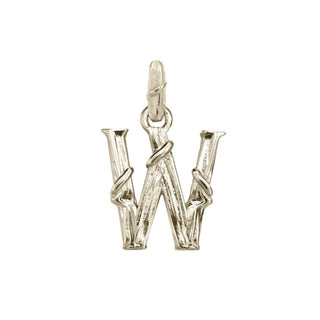 Karen Karch textured white gold charm in the shape of the letter 'W' with a vine-detail and rectangular bail on white background.