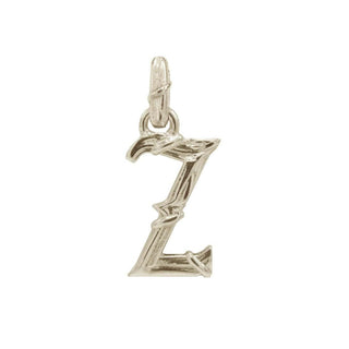 Karen Karch textured white gold charm in the shape of the letter 'Z' with a vine-detail and rectangular bail on white background.