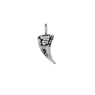 Silver horn-shaped pendant with angular raised shapes on a white background