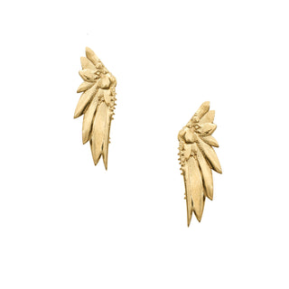 Karen Karch pair of gold earrings designed with a detailed wing motif, inspired by the mysticism of the desert.