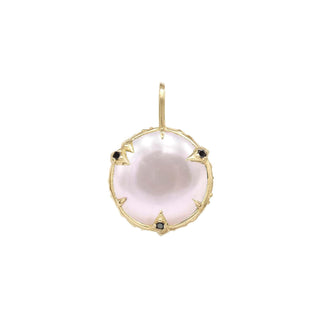 Karen Karch by Deme Wolfe  double-sided freshwater pearl charm with claws on both sides, set in a 10k gold colored metal frame with black diamonds studded on the front claws.