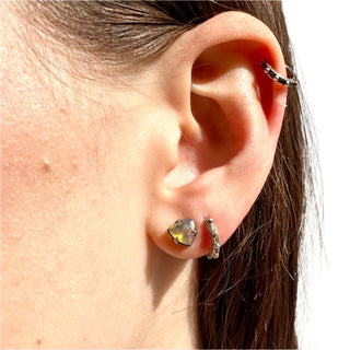 Karen Karch by Deme Wolfe Mystical Crown Silver Stud Earrings with 6mm Ethiopian Opal on ear with Jaipur Evermore Silver Sleeper Hoops