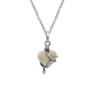 Karen Karch by Deme Wolfe Serpentine Love White Coral  Heart embraced by a Sterling Silver snake on chain on a white background.