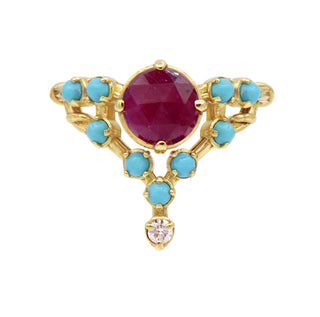 Karen Karch Floating Star Ring in 18k Yellow Gold with a Rose Cut Ruby center stone surrounded by turquoise and finishing with a diamond