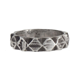 Karen Karch Outshine Weathered silver 5mm wide band with a textured, angular repeating pattern design on white background.
