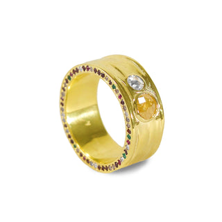 A Rose Cut Yellow Diamond, representing the Sun, a diamond representing the Moon, are set into this Out-of-the-ordinary and Out-of-this-word Yellow Gold men's wedding band. Studded with a random mix of colorful gems and diamonds. This One-of-a-kind band is made by New York's best custom jewelry designer, Karen Karch. Visit our Gramercy store or explore our previous custom designs at www.karenkarch.com! 