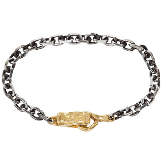 Karen Karch Silver Chain Bracelet with weathered gold spring hook clasp on white.