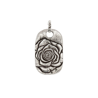 Karen Karch Rose Tattoo Dog Tag in Silver. The tag is square-shaped with a loop at the top for chain.