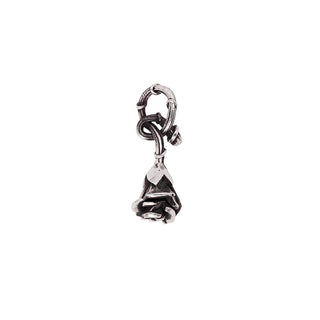 Karen Karch Reminiscent Rose Silver rosebud charm with a twining vine that forms a loop ending in an emerald  side view